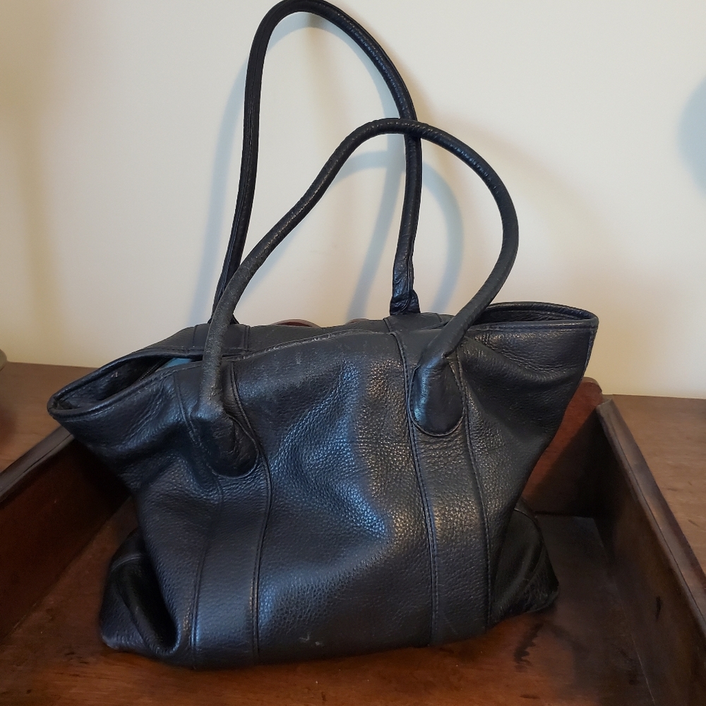 VTG Grandin Road Black Leather Tote Bag